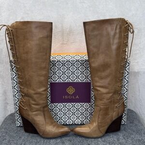 Isola Almira Boots Womens Size 10 Mocha Leather Riding Knee High Wedge Lace Up